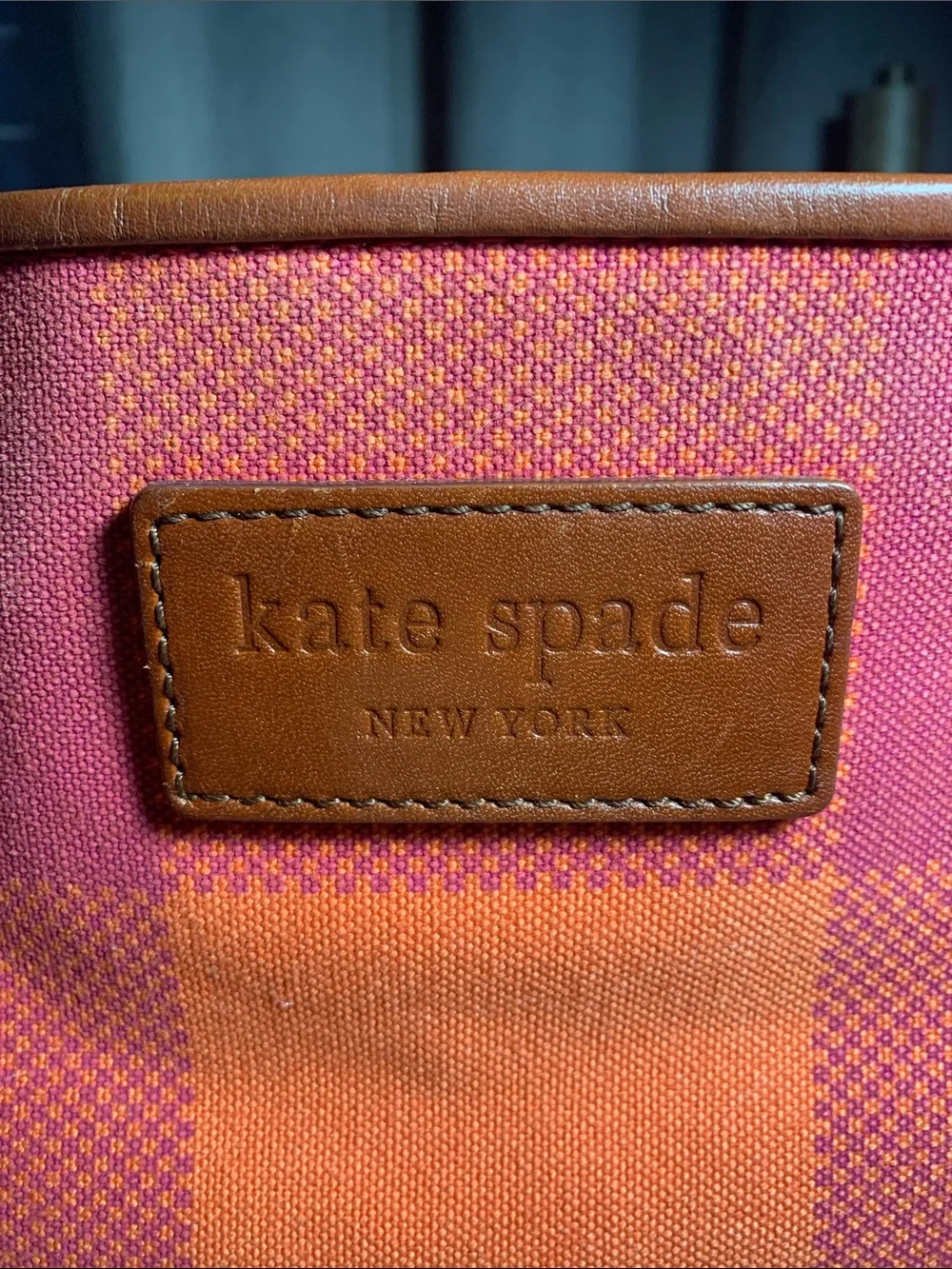 kate spade Pink and Orange Check Canvas Tote with Leather Trim